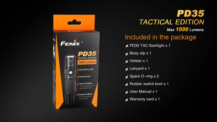 Fenix PD35 TAC Tactical Edition 1x 18650 / 2x CR123A 1000 Lumens CREE XP-L LED Flashlight