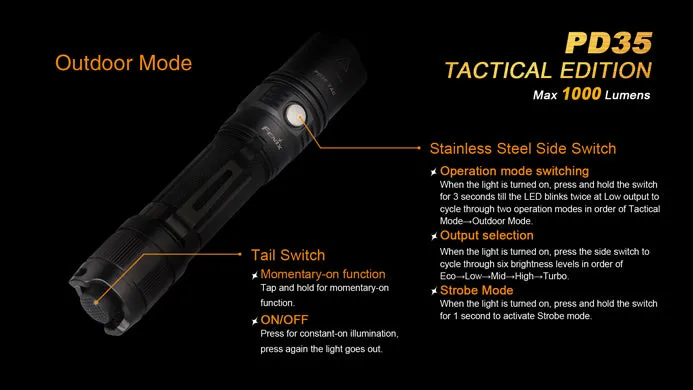 Fenix PD35 TAC Tactical Edition 1x 18650 / 2x CR123A 1000 Lumens CREE XP-L LED Flashlight