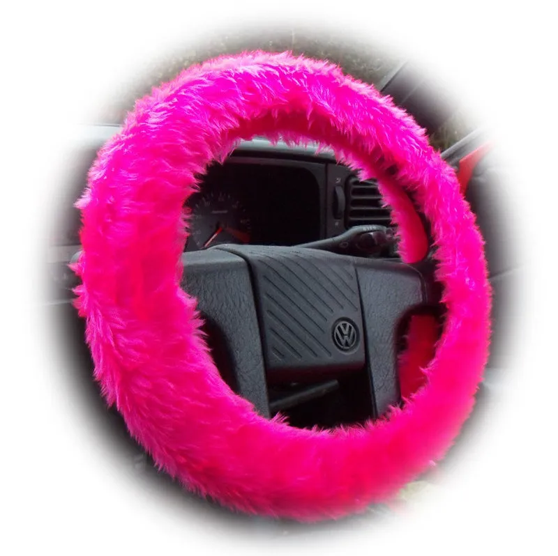 Fluffy Barbie Pink Car Steering wheel cover & matching fuzzy faux fur seatbelt pad set