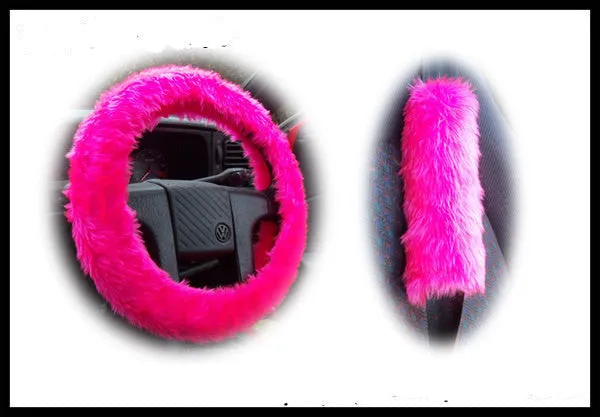 Fluffy Barbie Pink Car Steering wheel cover & matching fuzzy faux fur seatbelt pad set