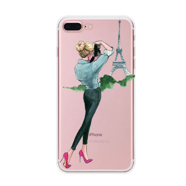 For Apple iPhone 7 6 6s 5 5s SE Plus Phone Cases Cute Transparent Beautiful Travel Girl Soft TPU Phone Back Cover Capa Coque