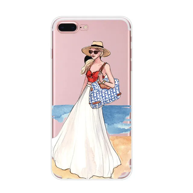 For Apple iPhone 7 6 6s 5 5s SE Plus Phone Cases Cute Transparent Beautiful Travel Girl Soft TPU Phone Back Cover Capa Coque