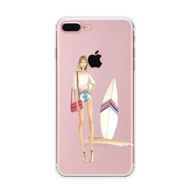 For Apple iPhone 7 6 6s 5 5s SE Plus Phone Cases Cute Transparent Beautiful Travel Girl Soft TPU Phone Back Cover Capa Coque