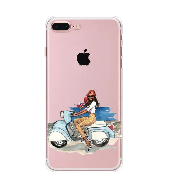 For Apple iPhone 7 6 6s 5 5s SE Plus Phone Cases Cute Transparent Beautiful Travel Girl Soft TPU Phone Back Cover Capa Coque