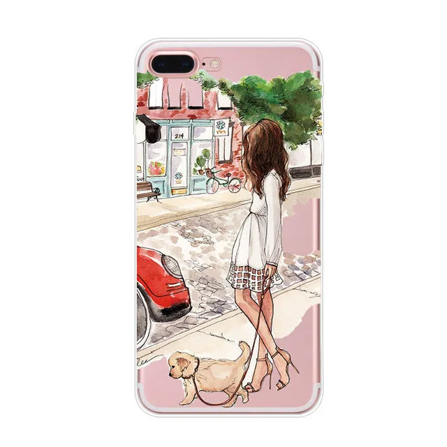 For Apple iPhone 7 6 6s 5 5s SE Plus Phone Cases Cute Transparent Beautiful Travel Girl Soft TPU Phone Back Cover Capa Coque