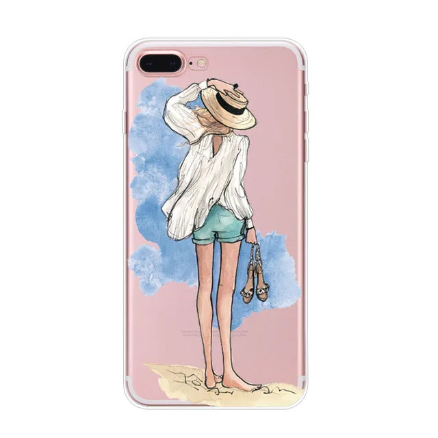 For Apple iPhone 7 6 6s 5 5s SE Plus Phone Cases Cute Transparent Beautiful Travel Girl Soft TPU Phone Back Cover Capa Coque