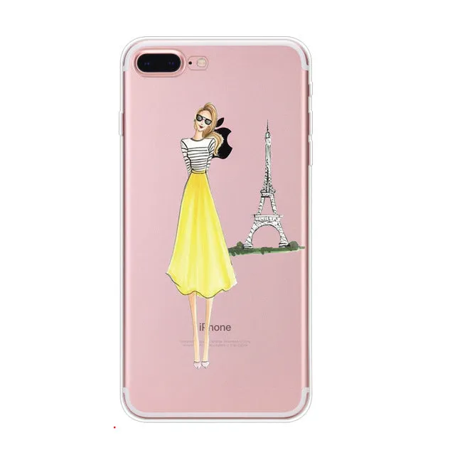 For Apple iPhone 7 6 6s 5 5s SE Plus Phone Cases Cute Transparent Beautiful Travel Girl Soft TPU Phone Back Cover Capa Coque