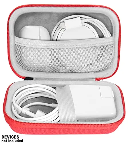 Handy Case for MacBook Pro, Air Power Adapter, MagSafe, MagSafe2, iPhone 12/12 Pro MagSafe Charger, USB C Hub, Type C Hub, USB Multi Ports Type c hub, Detachable Wrist Strap, mesh Pocket (Red)