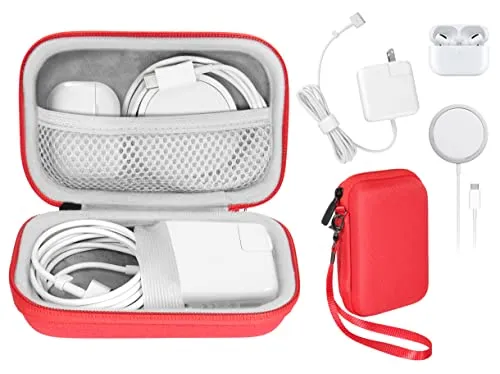 Handy Case for MacBook Pro, Air Power Adapter, MagSafe, MagSafe2, iPhone 12/12 Pro MagSafe Charger, USB C Hub, Type C Hub, USB Multi Ports Type c hub, Detachable Wrist Strap, mesh Pocket (Red)