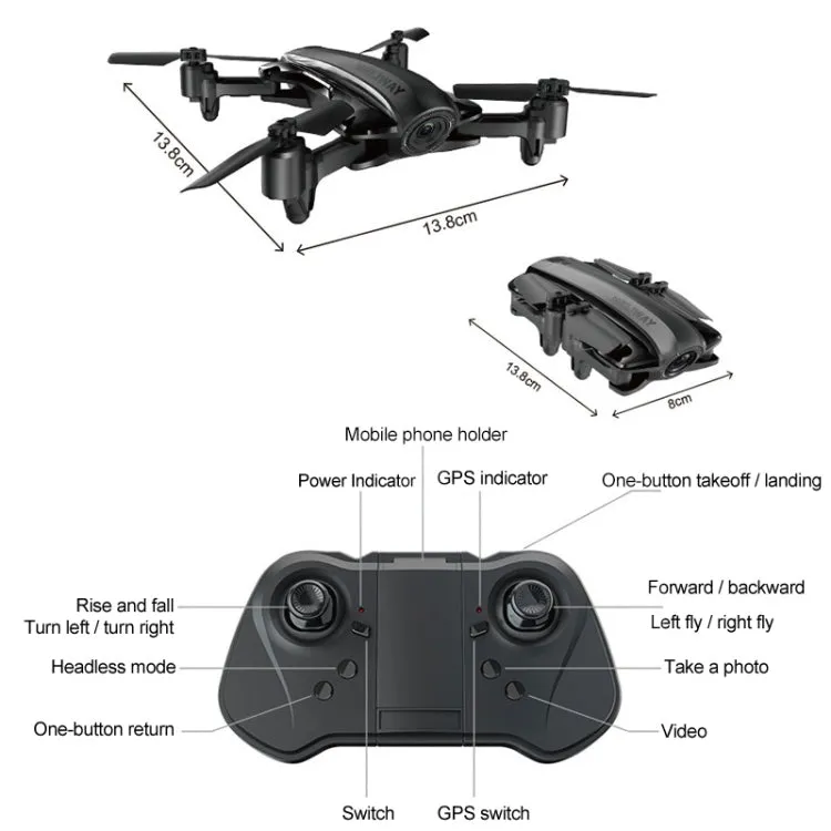 HELIWAY DM-912 2.4GHz Wifi FPV Mini Quadcopter Foldable RC Drone with 1080P Camera & Remote Control,Support One Key Take-off / Landing, One Key Return, Pressure Set, GPS fixed point