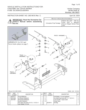 Hiniker Snowplow Mount - Quick Hitch 1 (QH1), 2019 & Newer GM/ Chevy 1500, 25014004