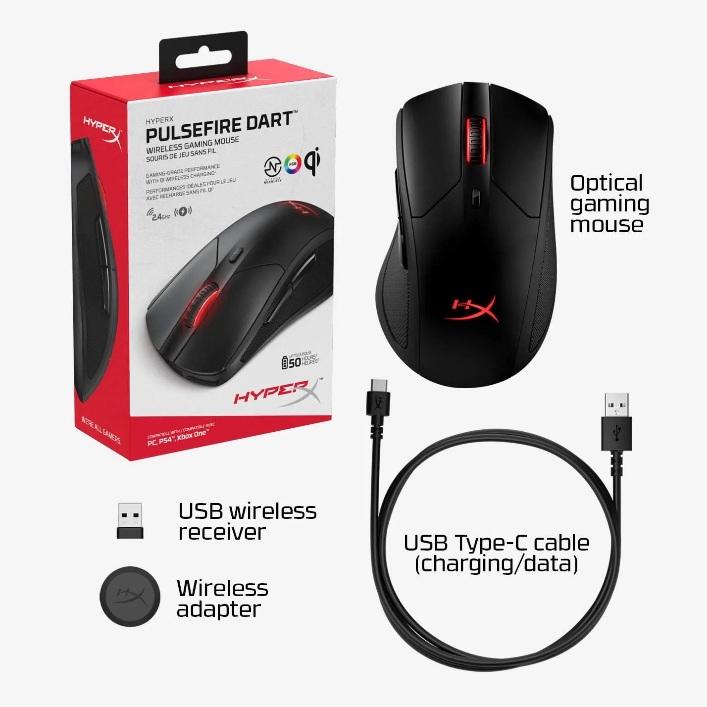 HyperX Pulsefire Dart - Wireless RGB Gaming Mouse, Software-Controlled Customization, 6 Programmable Buttons, Qi-Charging Battery up to 50 Hours - PC, PS4, Xbox One Compatible