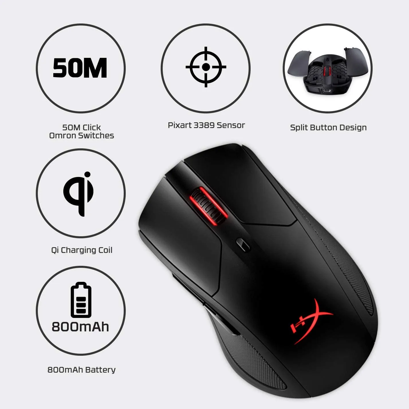 HyperX Pulsefire Dart - Wireless RGB Gaming Mouse, Software-Controlled Customization, 6 Programmable Buttons, Qi-Charging Battery up to 50 Hours - PC, PS4, Xbox One Compatible