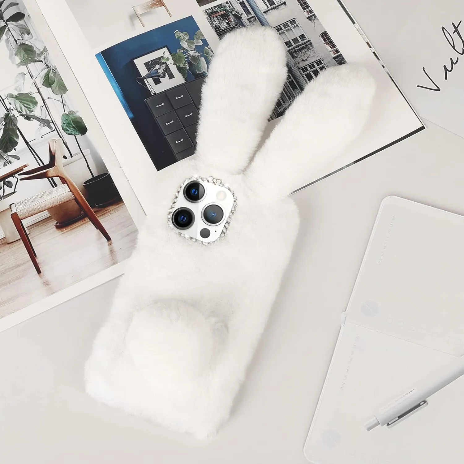 iPhone 16 Pro Max Rabbit Case Soft Fluffy Furry Cute Bunny Plush Rabbit Cover Warm Big Ear Bling Crystal Ultra Thin Case