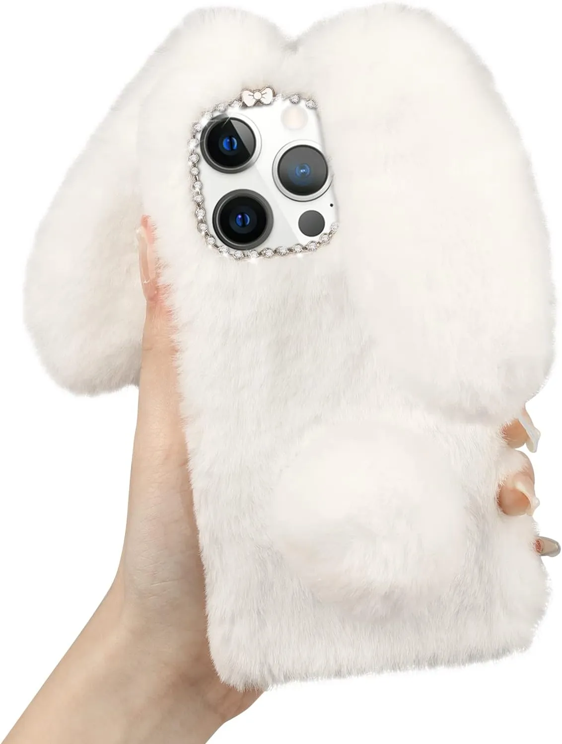 iPhone 16 Pro Max Rabbit Case Soft Fluffy Furry Cute Bunny Plush Rabbit Cover Warm Big Ear Bling Crystal Ultra Thin Case