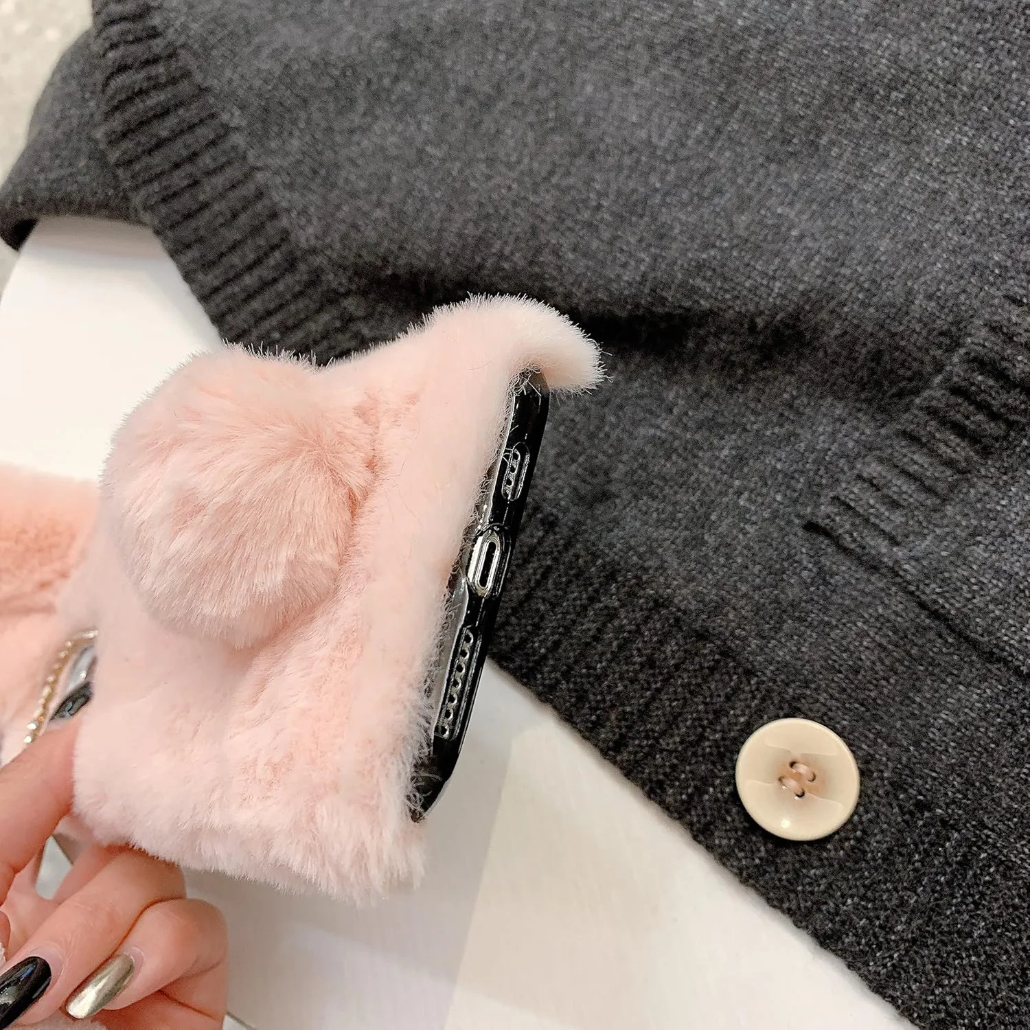 iPhone 16 Pro Max Rabbit Case Soft Fluffy Furry Cute Bunny Plush Rabbit Cover Warm Big Ear Bling Crystal Ultra Thin Case