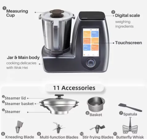 KITCHEN IDEA Smart Food Processor, 20 in 1 Multicooker and Cooking Robot with 1,000  Guided Recipes, 11 Accessories, WiFi Built-In Self-cleaning (Black)