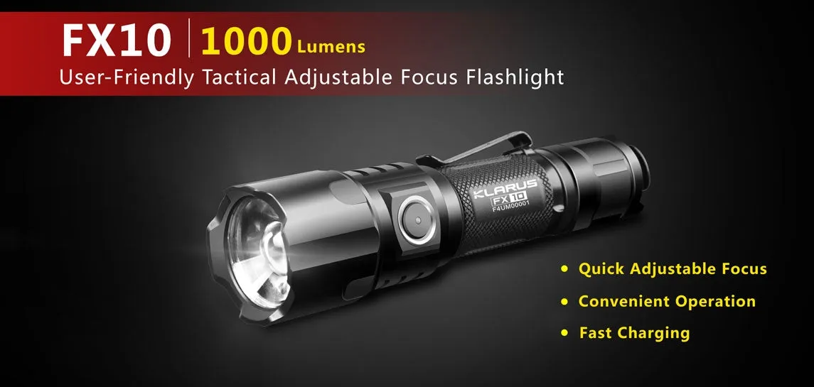 Klarus FX10 1000 Lumen Adjustable Focus Rechargeable Flashlight 1 x 18650 Battery CREE XP-L HI V3 LED