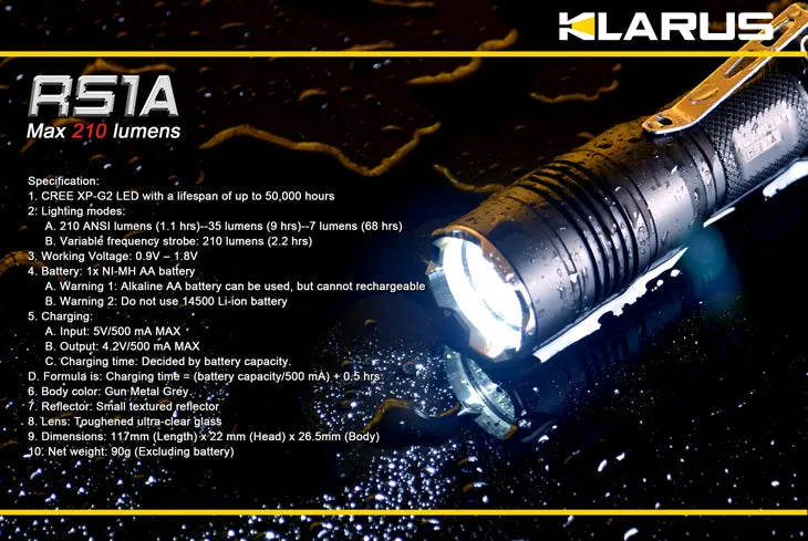 Klarus RS1A XP-G2 AA Rechargeable 210 Lumen LED Flashlight