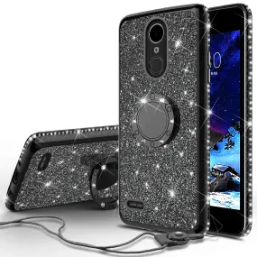 LG K10 (2018) Case, K30, Premier Pro, K10 Plus, Phoenix Plus, Xpression Plus, K10α, X4 Plus, X410, MS245, Glitter Cute Phone Case Girls Bling Diamond Rhinestone Ring Stand Luxury Clear Thin Soft Protective Cover for Girl Women - Black