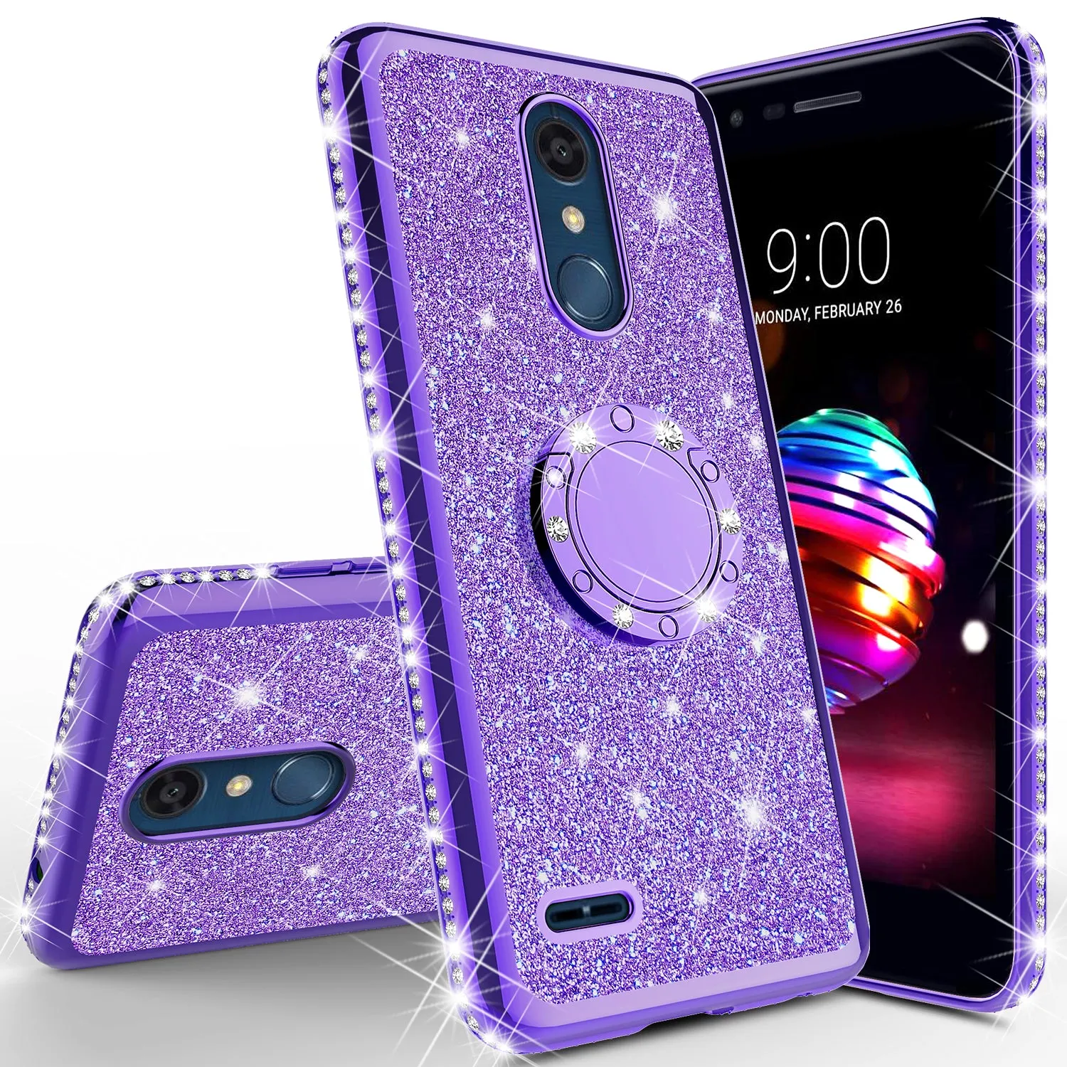 LG K10 (2018) Case, K30, Premier Pro, K10 Plus, Phoenix Plus, Xpression Plus, K10α, X4 Plus, X410, MS245, Glitter Cute Phone Case Girls Bling Diamond Rhinestone Ring Stand Luxury Clear Thin Soft Protective Cover for Girl Women - Purple