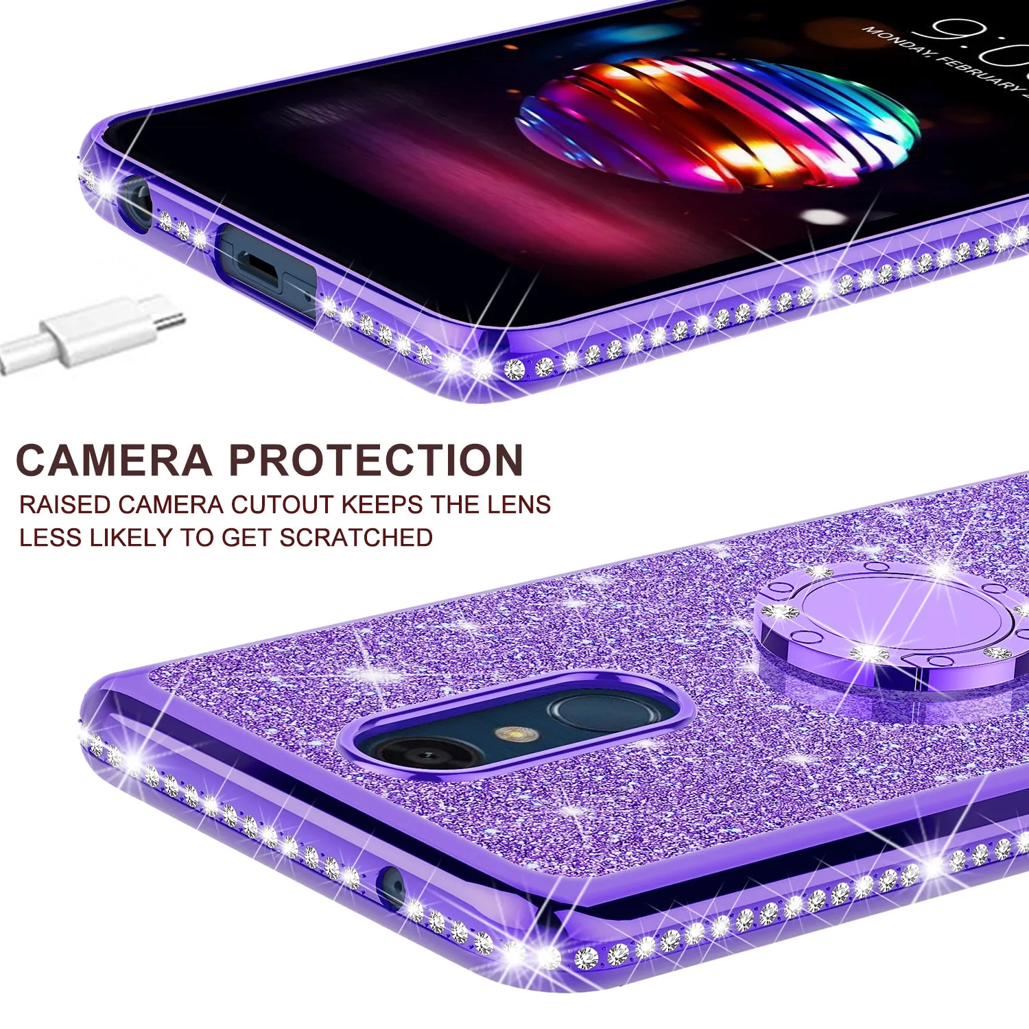 LG K10 (2018) Case, K30, Premier Pro, K10 Plus, Phoenix Plus, Xpression Plus, K10α, X4 Plus, X410, MS245, Glitter Cute Phone Case Girls Bling Diamond Rhinestone Ring Stand Luxury Clear Thin Soft Protective Cover for Girl Women - Purple