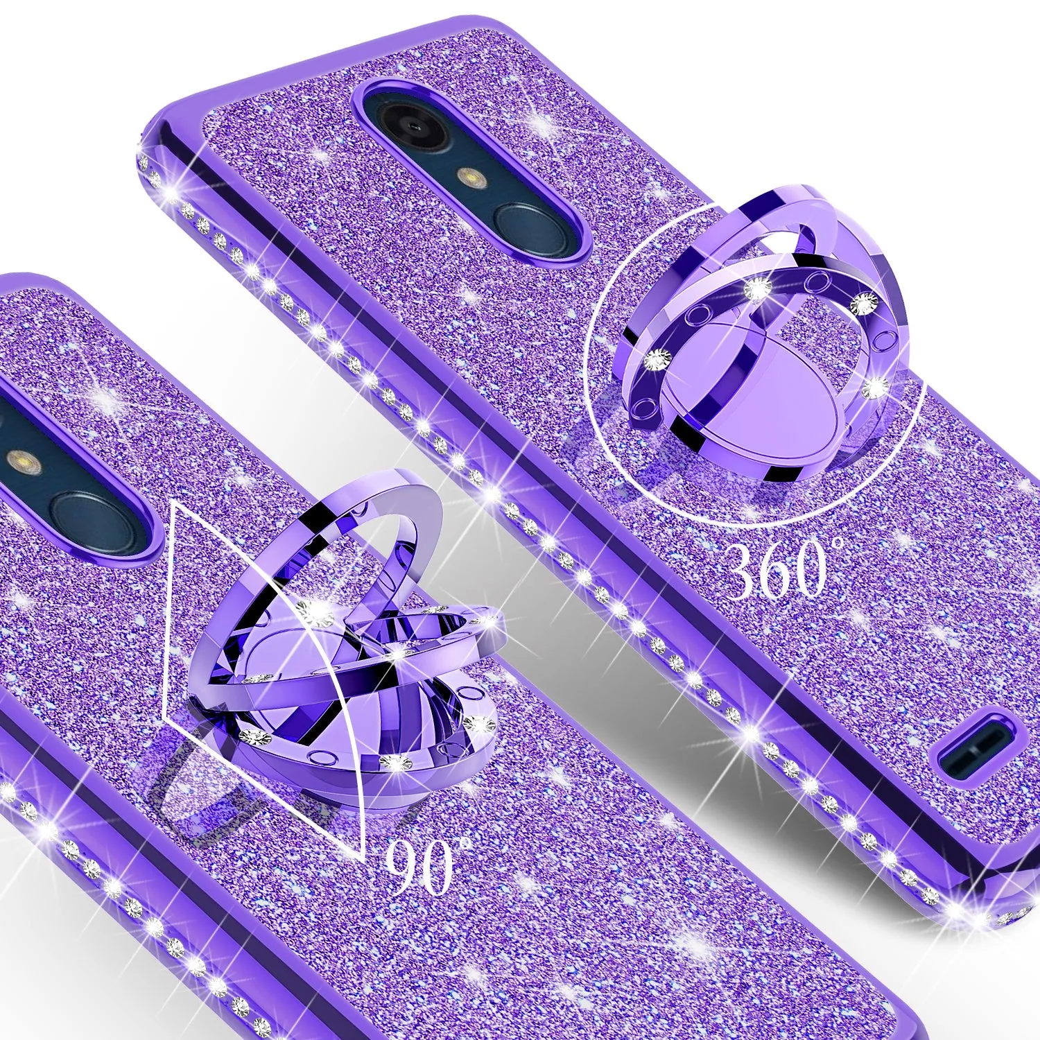 LG K10 (2018) Case, K30, Premier Pro, K10 Plus, Phoenix Plus, Xpression Plus, K10α, X4 Plus, X410, MS245, Glitter Cute Phone Case Girls Bling Diamond Rhinestone Ring Stand Luxury Clear Thin Soft Protective Cover for Girl Women - Purple