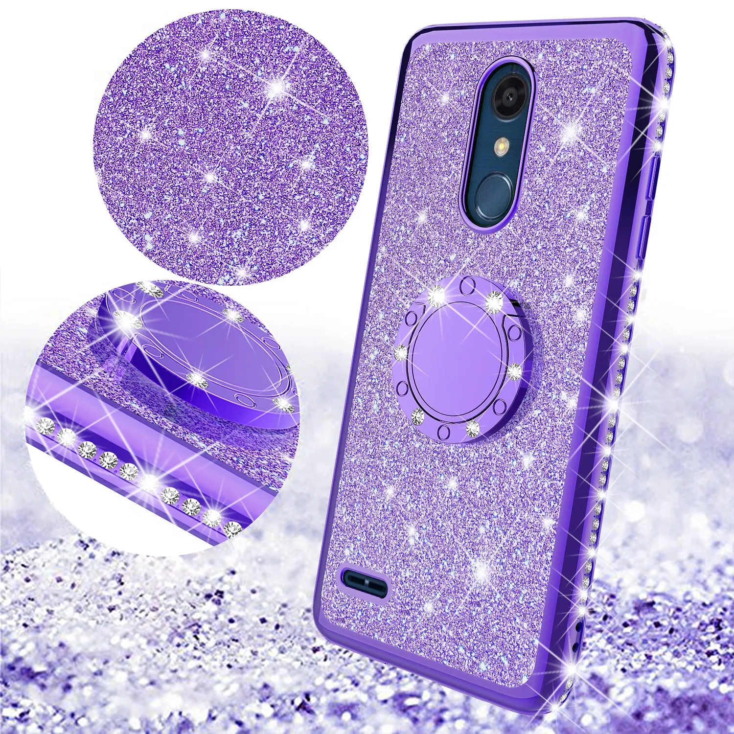 LG K10 (2018) Case, K30, Premier Pro, K10 Plus, Phoenix Plus, Xpression Plus, K10α, X4 Plus, X410, MS245, Glitter Cute Phone Case Girls Bling Diamond Rhinestone Ring Stand Luxury Clear Thin Soft Protective Cover for Girl Women - Purple