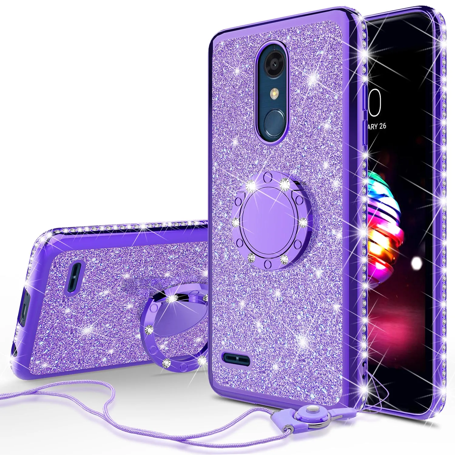 LG K10 (2018) Case, K30, Premier Pro, K10 Plus, Phoenix Plus, Xpression Plus, K10α, X4 Plus, X410, MS245, Glitter Cute Phone Case Girls Bling Diamond Rhinestone Ring Stand Luxury Clear Thin Soft Protective Cover for Girl Women - Purple