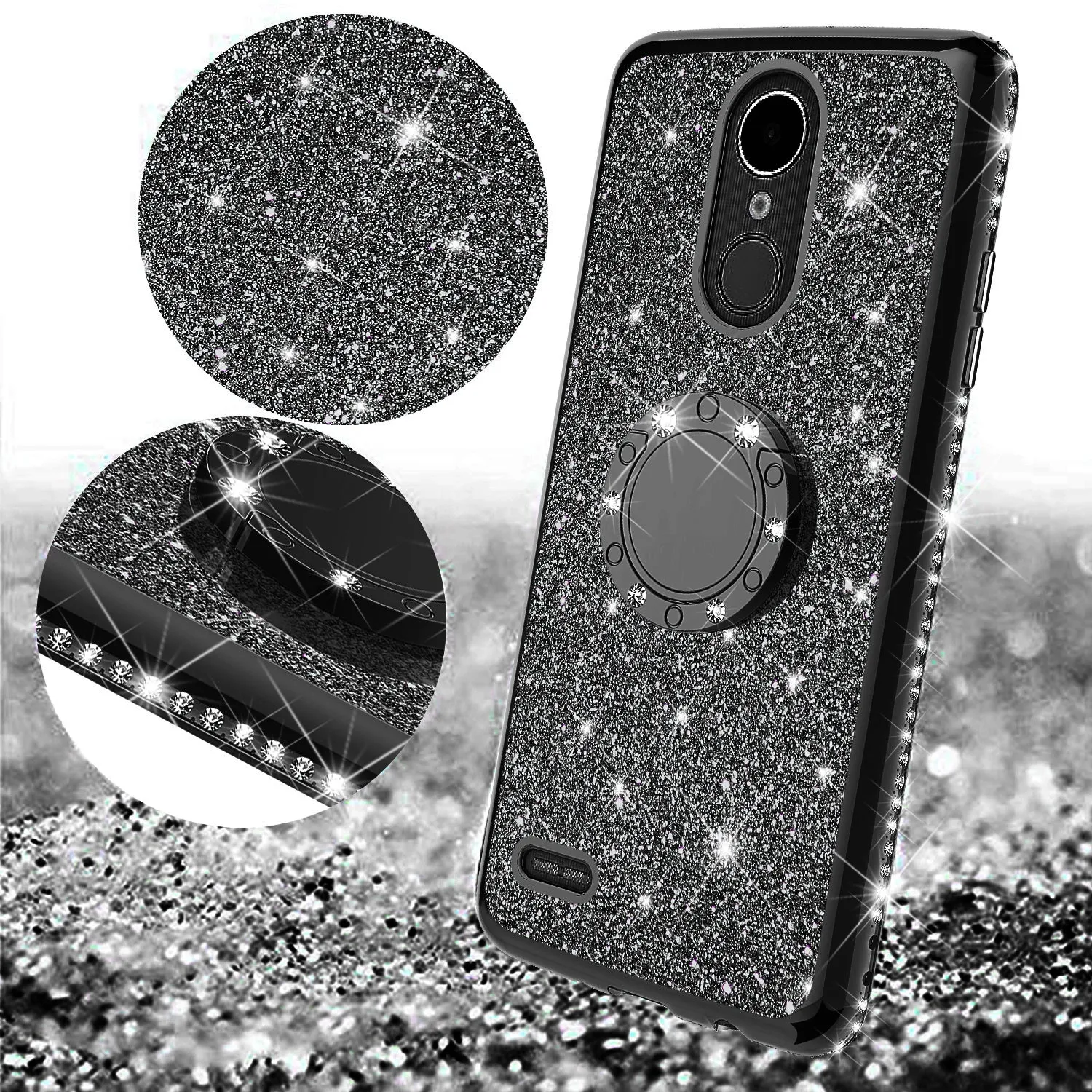 LG Stylo 5 Case, Stylo 5, Glitter Cute Phone Case Girls Bling Diamond Rhinestone Ring Stand Luxury Clear Thin Soft Protective Cover for Girl Women - Black