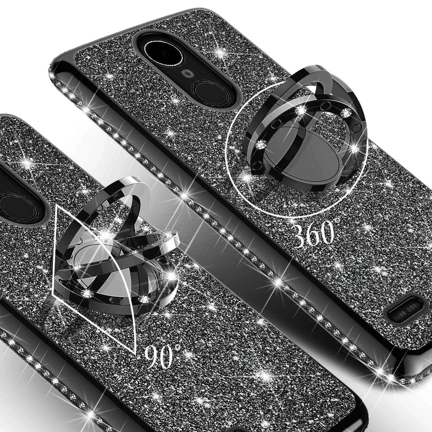 LG Stylo 5 Case, Stylo 5, Glitter Cute Phone Case Girls Bling Diamond Rhinestone Ring Stand Luxury Clear Thin Soft Protective Cover for Girl Women - Black