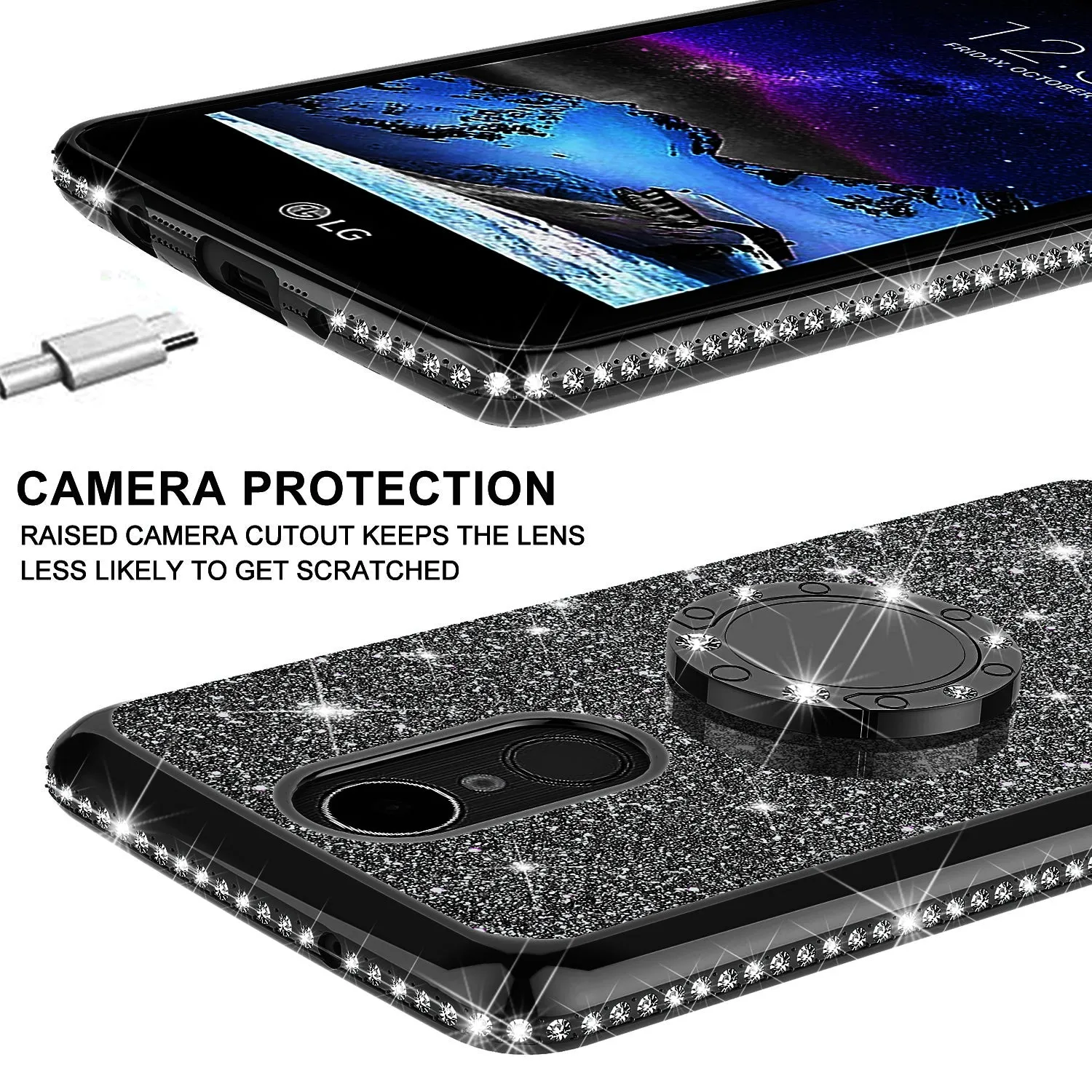 LG Stylo 5 Case, Stylo 5, Glitter Cute Phone Case Girls Bling Diamond Rhinestone Ring Stand Luxury Clear Thin Soft Protective Cover for Girl Women - Black