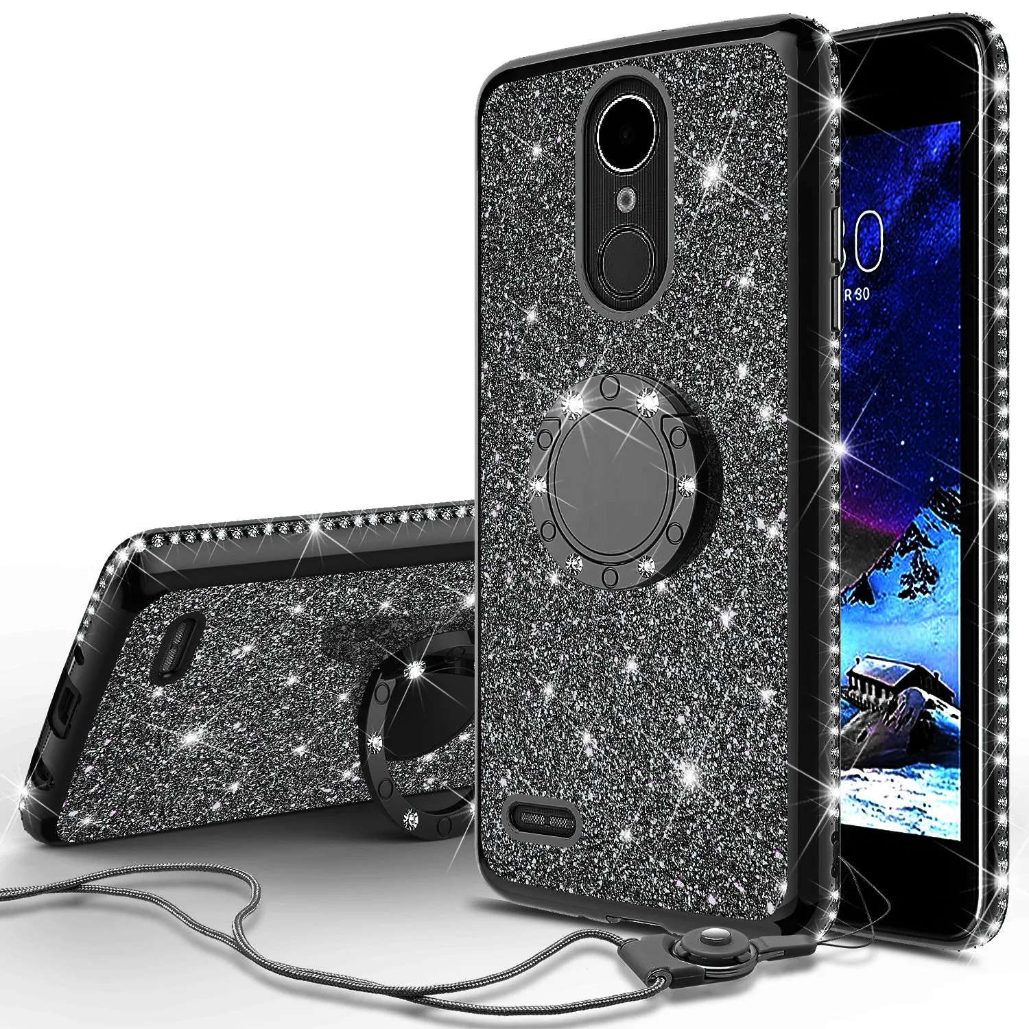 LG Stylo 5 Case, Stylo 5, Glitter Cute Phone Case Girls Bling Diamond Rhinestone Ring Stand Luxury Clear Thin Soft Protective Cover for Girl Women - Black