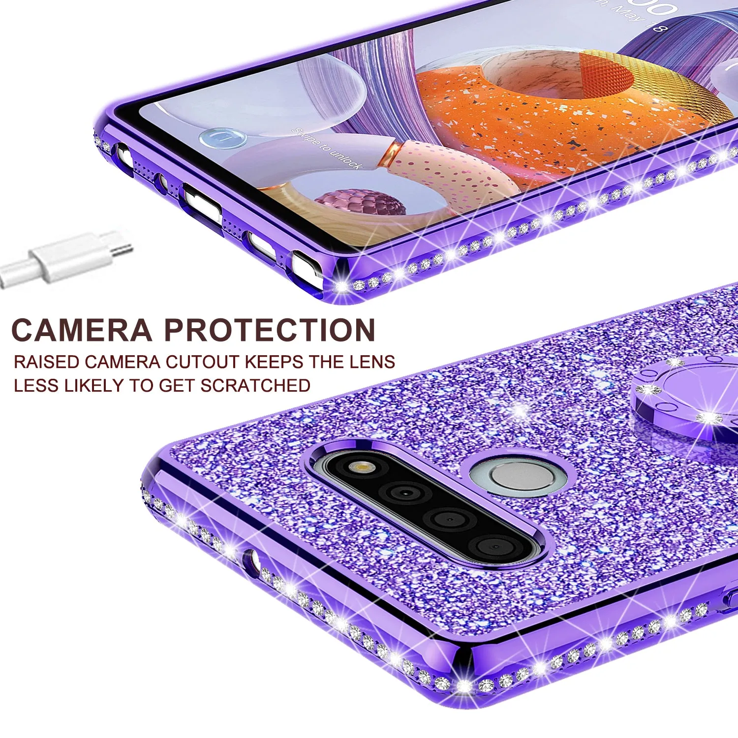 LG Stylo 6 Case, Glitter Cute Phone Case Girls with Kickstand,Bling Diamond Rhinestone Bumper Ring Stand Sparkly Luxury Clear Thin Soft Protective LG Stylo 6 Case for Girl Women - Purple