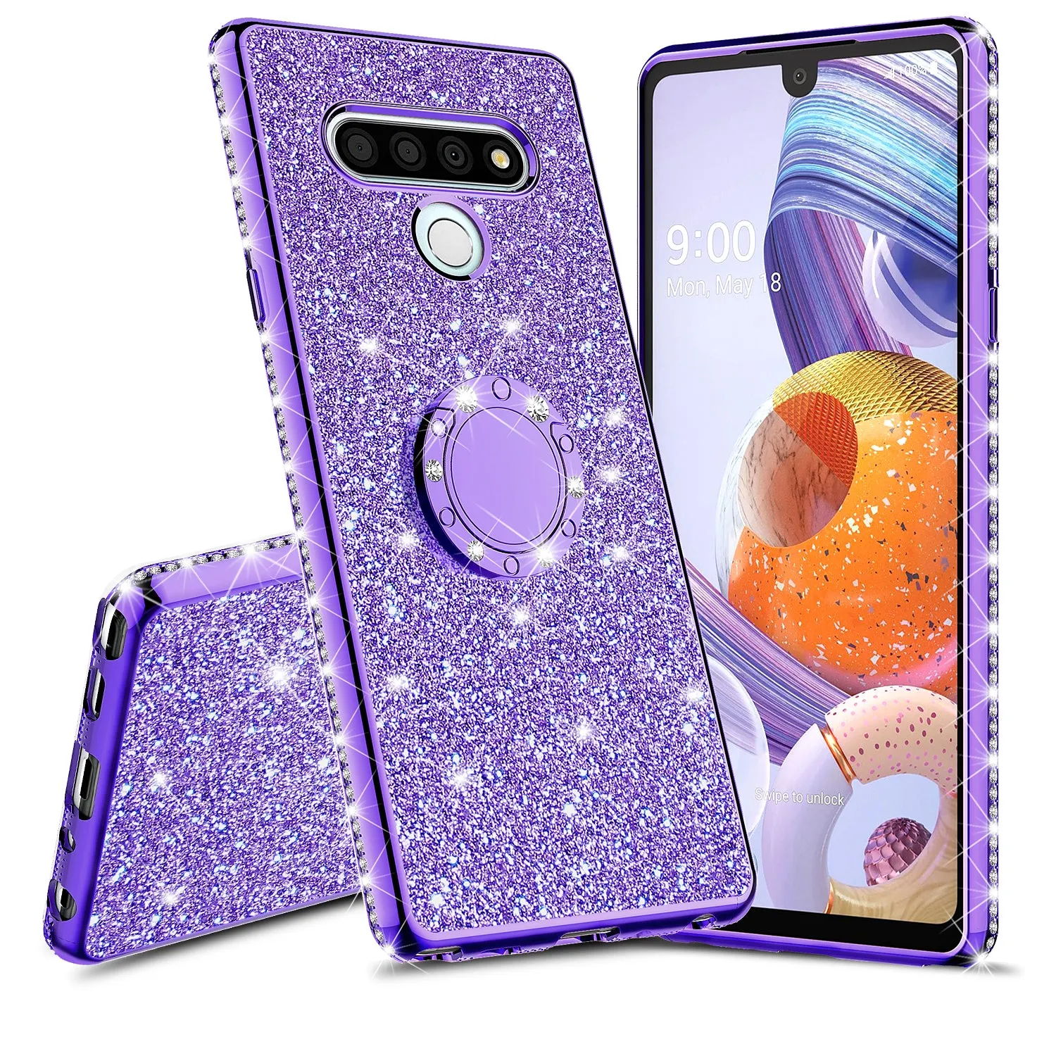 LG Stylo 6 Case, Glitter Cute Phone Case Girls with Kickstand,Bling Diamond Rhinestone Bumper Ring Stand Sparkly Luxury Clear Thin Soft Protective LG Stylo 6 Case for Girl Women - Purple