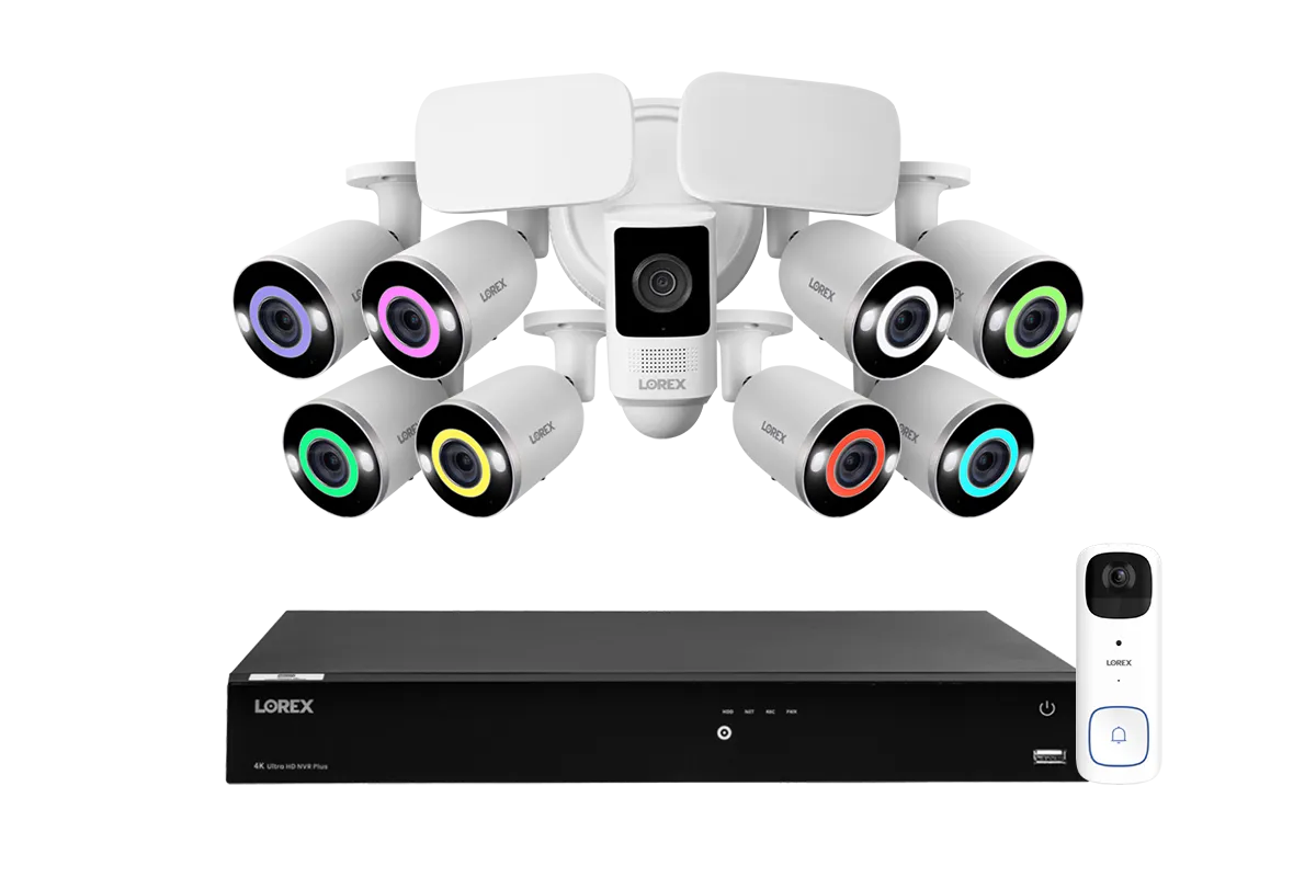 Lorex Fusion Series 4K 16 Camera Capable (Wired or Fusion Wi-Fi) 4TB Wired NVR System with Eight H14 IP Bullet Cameras, One 2K Battery-Operated Doorbell, and One 2K Outdoor Floodlight