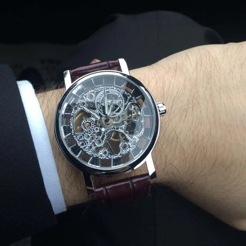 Men's Skeleton Mechanical Watch Winner Leather Luxury Fashion Casual Wrist Watch