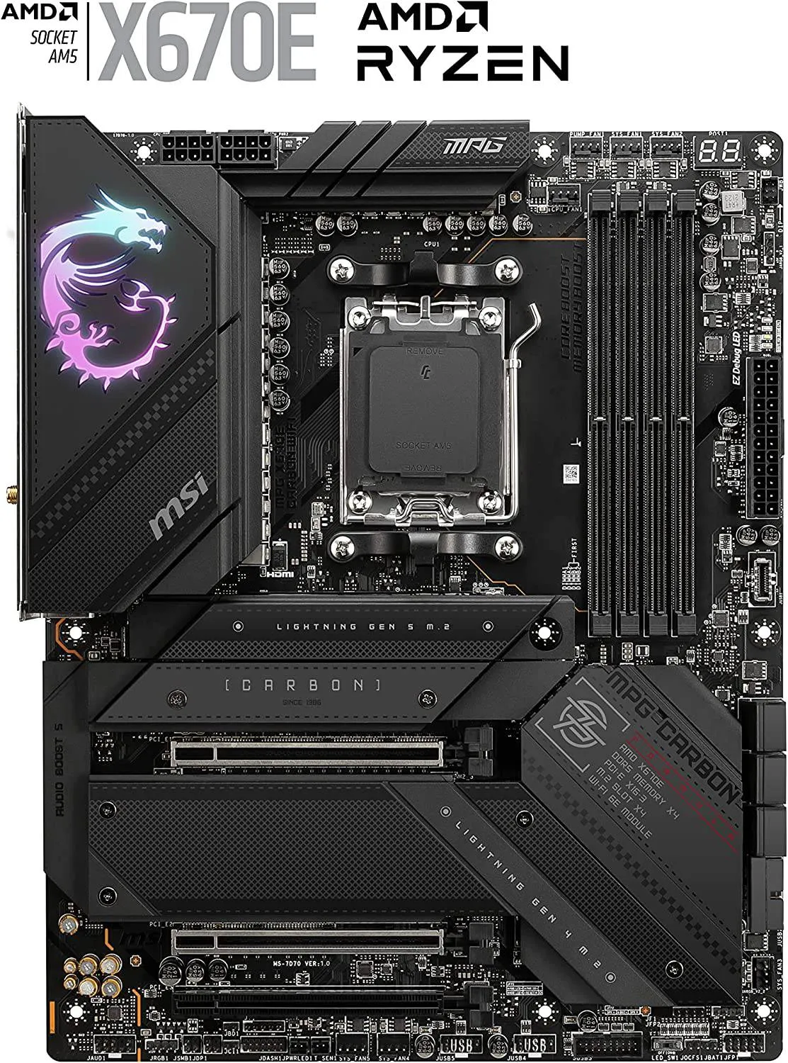 MSI MPG X670E Carbon WiFi Gaming Motherboard (AMD AM5, DDR5, PCIe 5.0, SATA 6Gb/s, M.2, USB 3.2 Gen 2, Wi-Fi 6E, HDMI/DP, ATX)