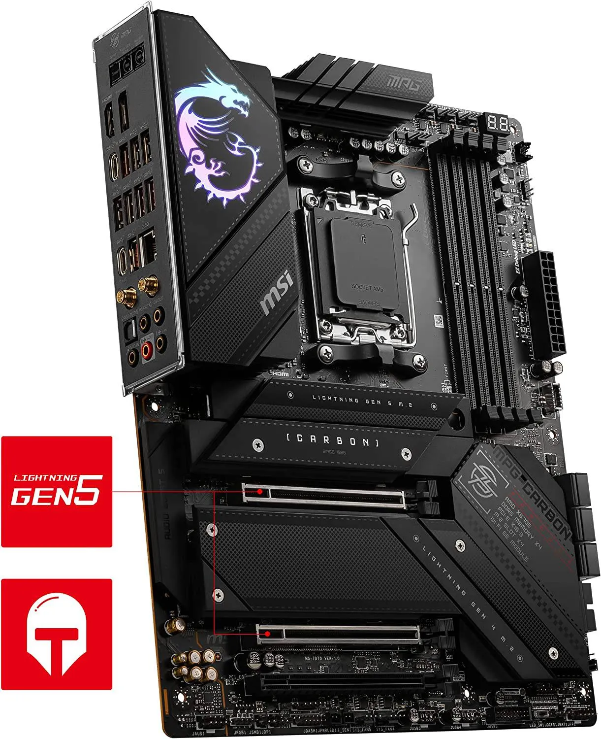 MSI MPG X670E Carbon WiFi Gaming Motherboard (AMD AM5, DDR5, PCIe 5.0, SATA 6Gb/s, M.2, USB 3.2 Gen 2, Wi-Fi 6E, HDMI/DP, ATX)