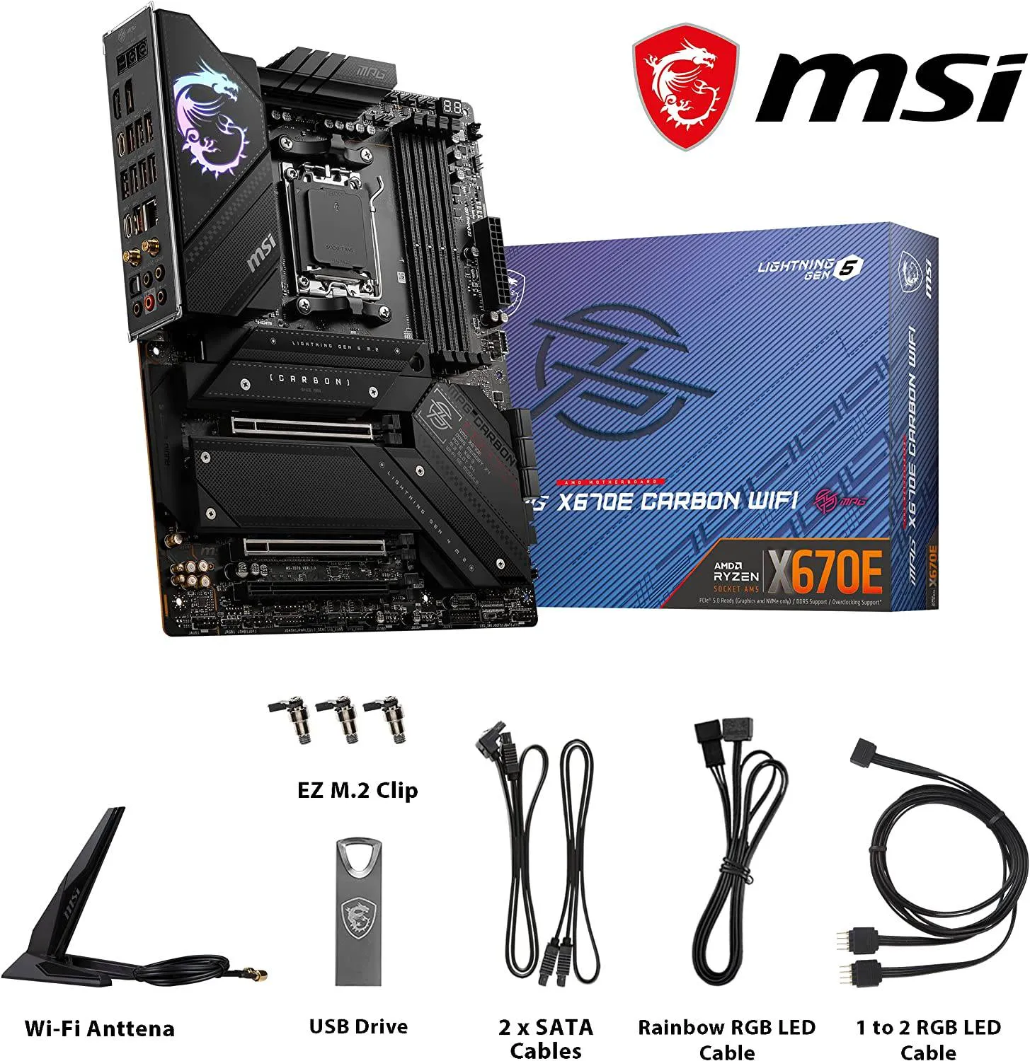 MSI MPG X670E Carbon WiFi Gaming Motherboard (AMD AM5, DDR5, PCIe 5.0, SATA 6Gb/s, M.2, USB 3.2 Gen 2, Wi-Fi 6E, HDMI/DP, ATX)