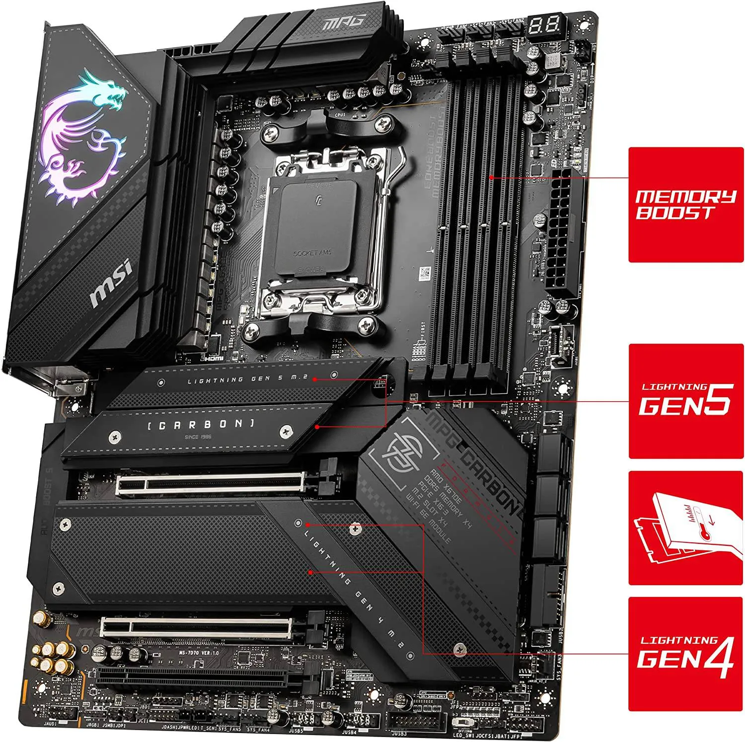 MSI MPG X670E Carbon WiFi Gaming Motherboard (AMD AM5, DDR5, PCIe 5.0, SATA 6Gb/s, M.2, USB 3.2 Gen 2, Wi-Fi 6E, HDMI/DP, ATX)