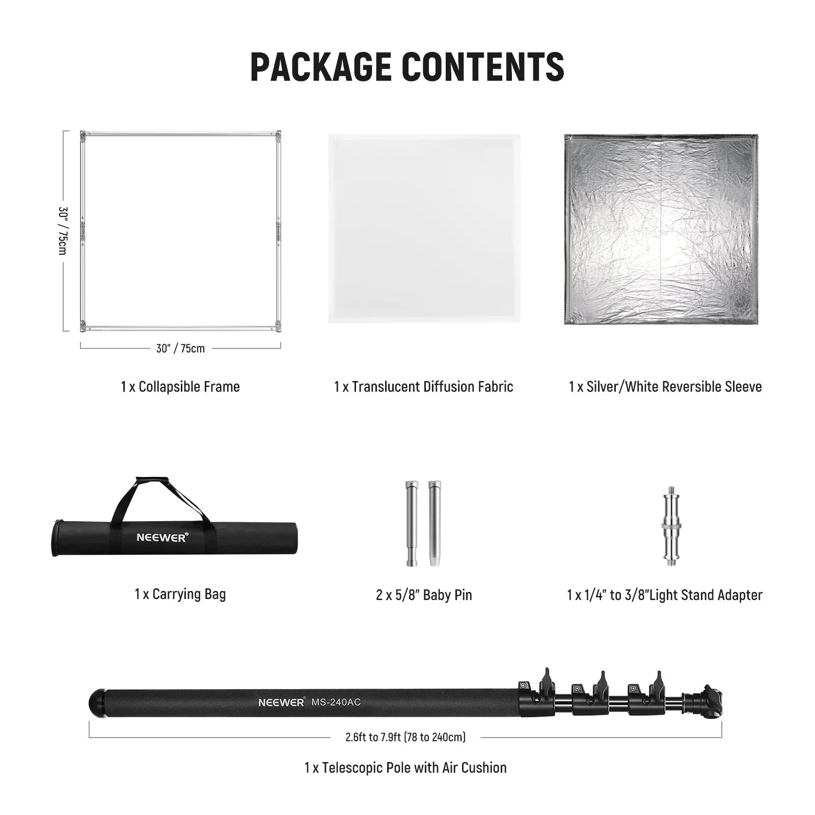 NEEWER SF7575F Light Diffusion Panel Scrim Kit with Telescopic Pole