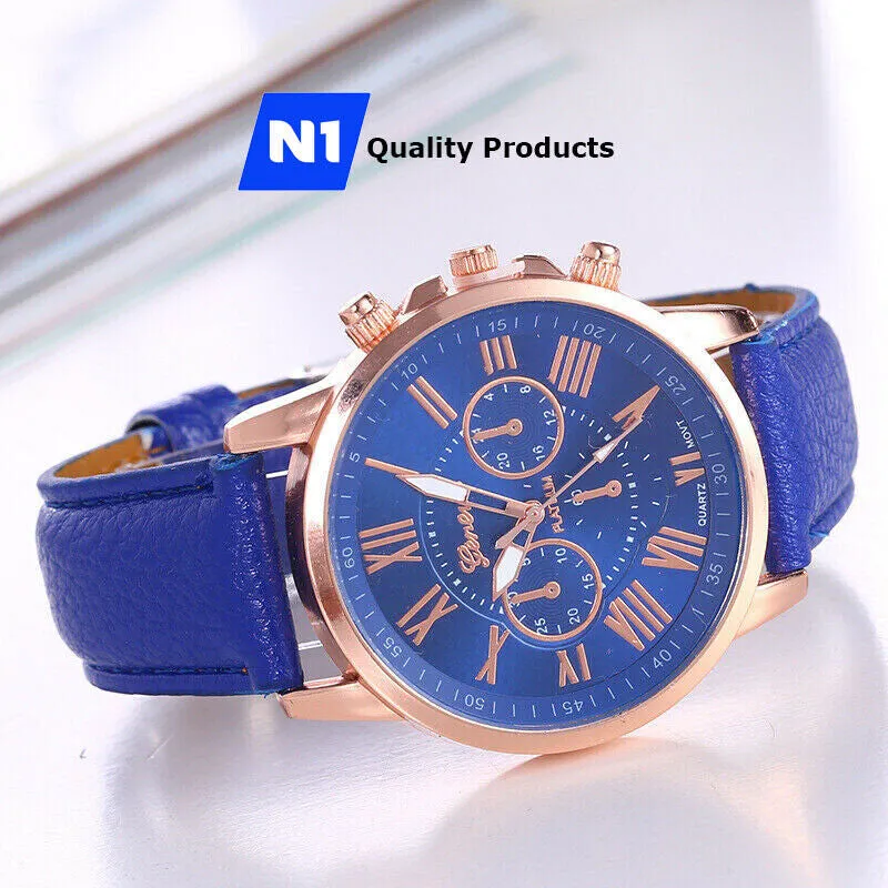 New Fashion Geneva Women Leather Band Stainless Steel Quartz Analog Wrist Watch