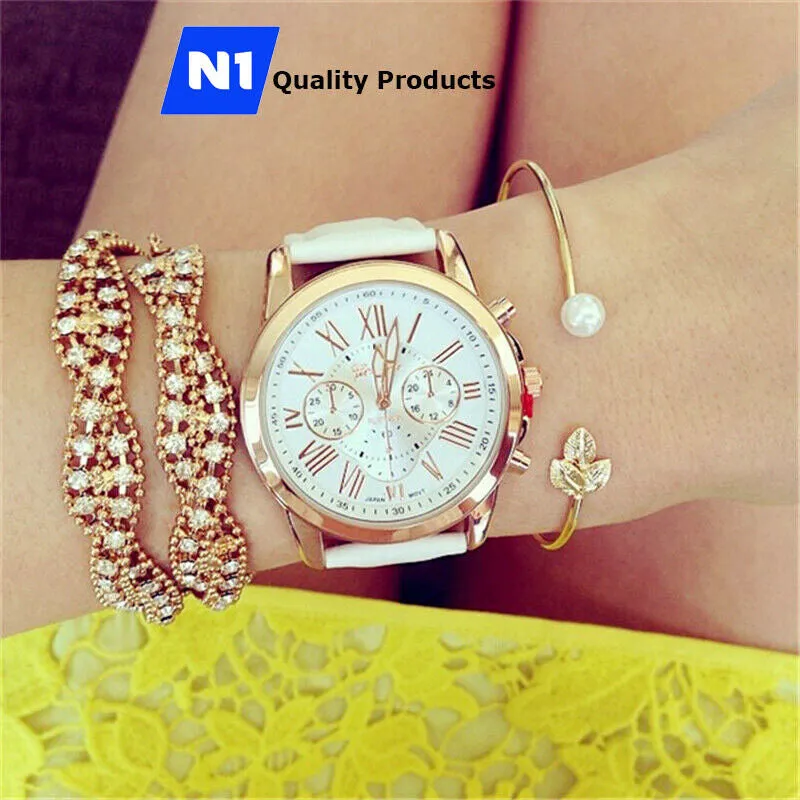 New Fashion Geneva Women Leather Band Stainless Steel Quartz Analog Wrist Watch