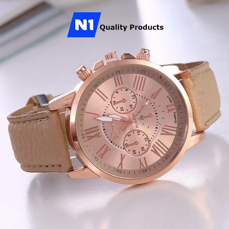 New Fashion Geneva Women Leather Band Stainless Steel Quartz Analog Wrist Watch