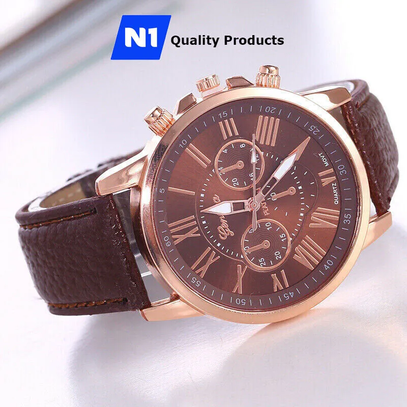 New Fashion Geneva Women Leather Band Stainless Steel Quartz Analog Wrist Watch