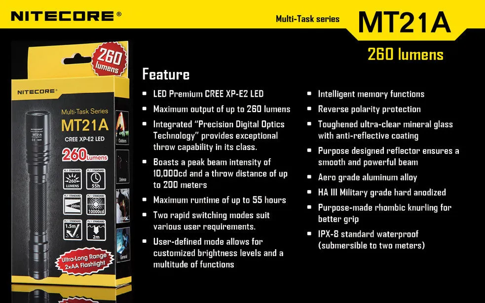 Nitecore MT21A CREE XP-E2 LED Flashlight 260 Lumens