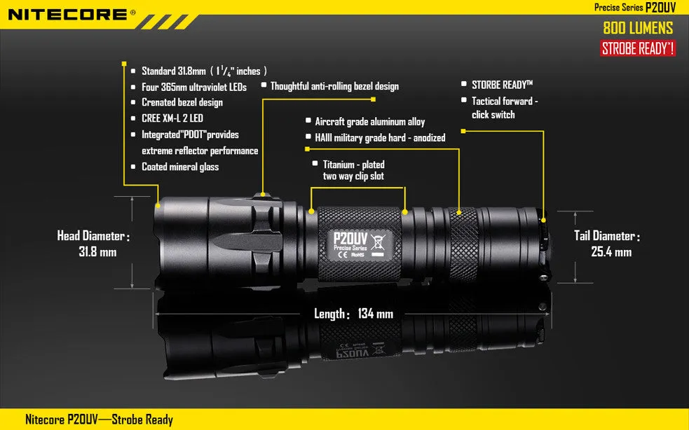 NiteCore P20UV Strobe Ready 800 Lumen LED Flashlight with 4-Ultraviolet Light LED