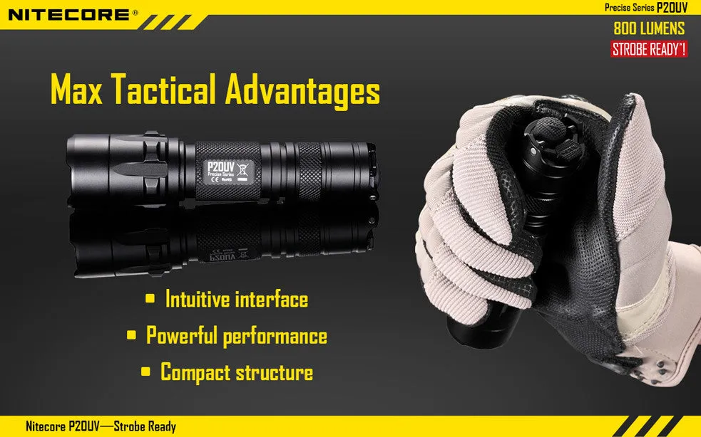 NiteCore P20UV Strobe Ready 800 Lumen LED Flashlight with 4-Ultraviolet Light LED