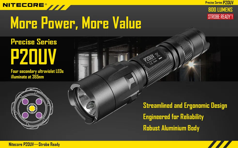 NiteCore P20UV Strobe Ready 800 Lumen LED Flashlight with 4-Ultraviolet Light LED